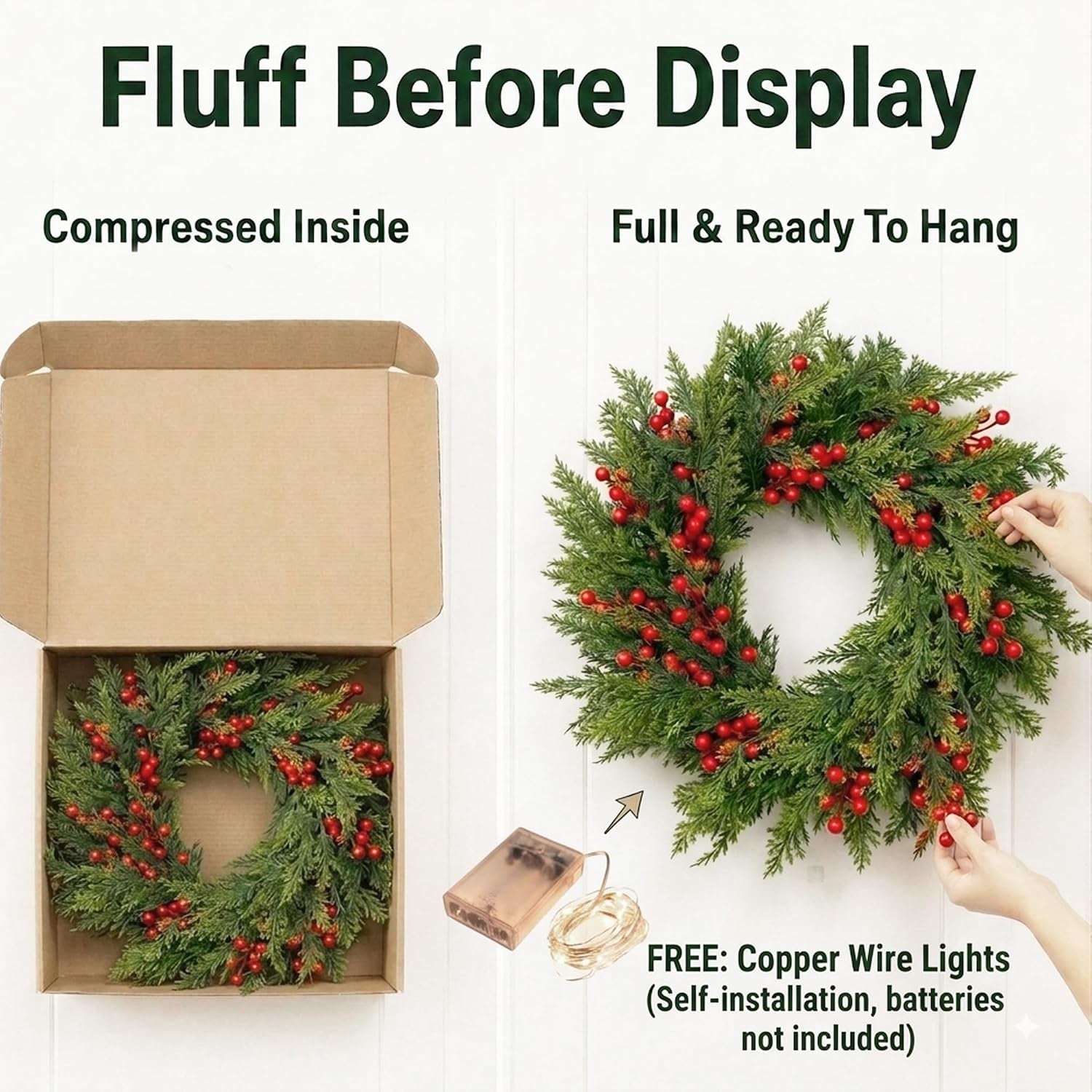 Large Christmas Wreath for Front Door 60 Cm (24 Inches), Artificial Fir Wreath with Red Berries, Pine Cones & Bow, Classic Advent Wreath for Wall & Door Decoration