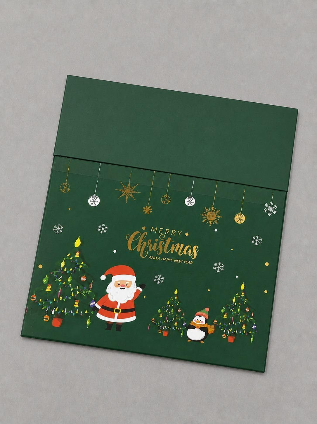 Luxury Magnetic Gift Box with Attached Lid & Ribbon – Foldable Reusable Holiday Packaging with Festive Designs (Green Santa Scene (Santa & Snowman with Christmas Tree), Medium)