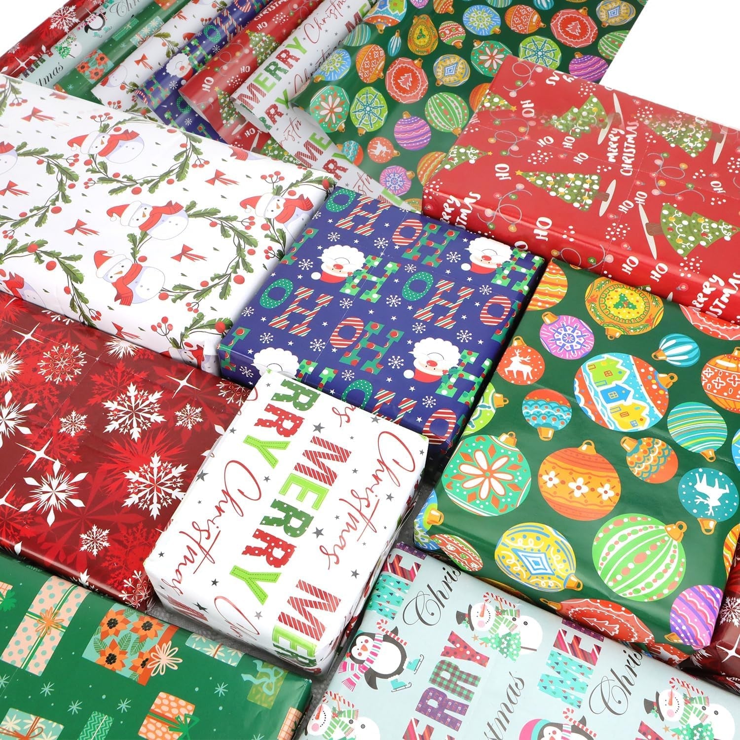 16 Sheets Christmas Gifts Wrapping Papers Set with Ribbon and Stickers, Thick Recyclable Xmas Gift Wrap Paper for Kids Children Adults Present Arts Crafts Decorations, Large Size 50X70 Cm