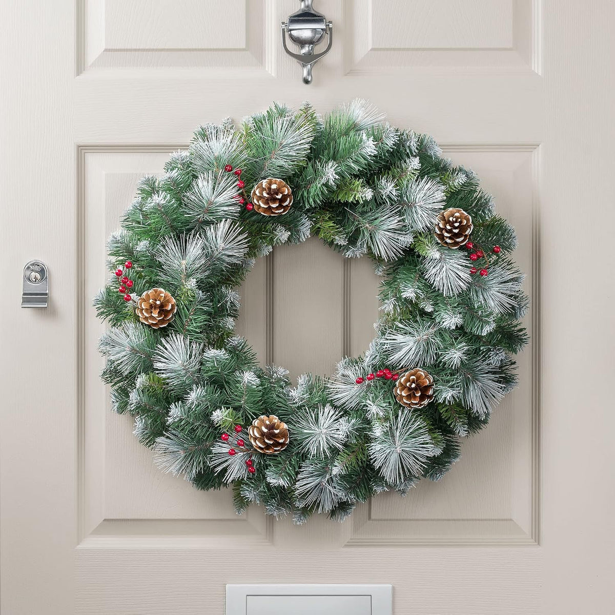 Flocked Christmas Wreath with Pinecones & Berries, 60Cm