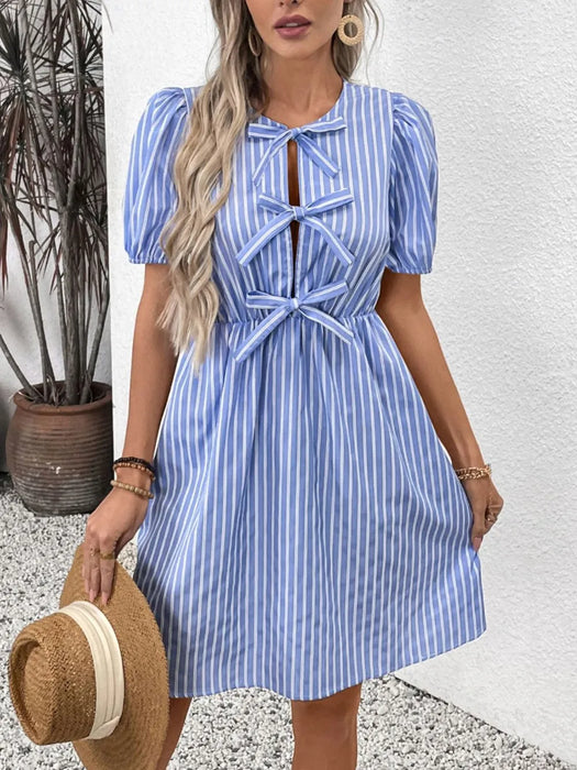 Tied Striped Short Sleeve Mini Dress