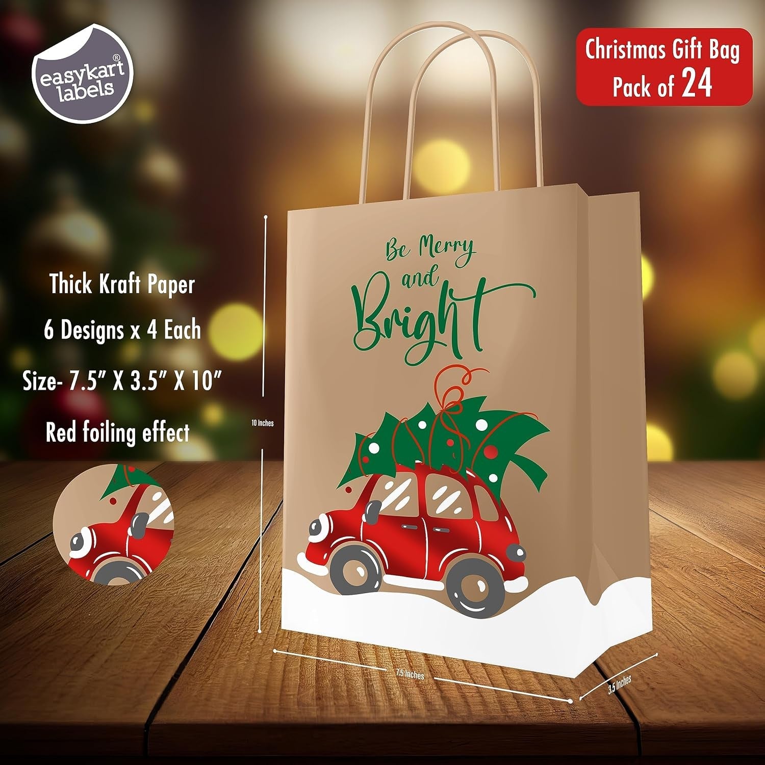 Easykart 24 Christmas Kraft Gift Bags with Red Foiling - Holiday, Xmas, Party Favors (9 X 7.3 X 3.3)