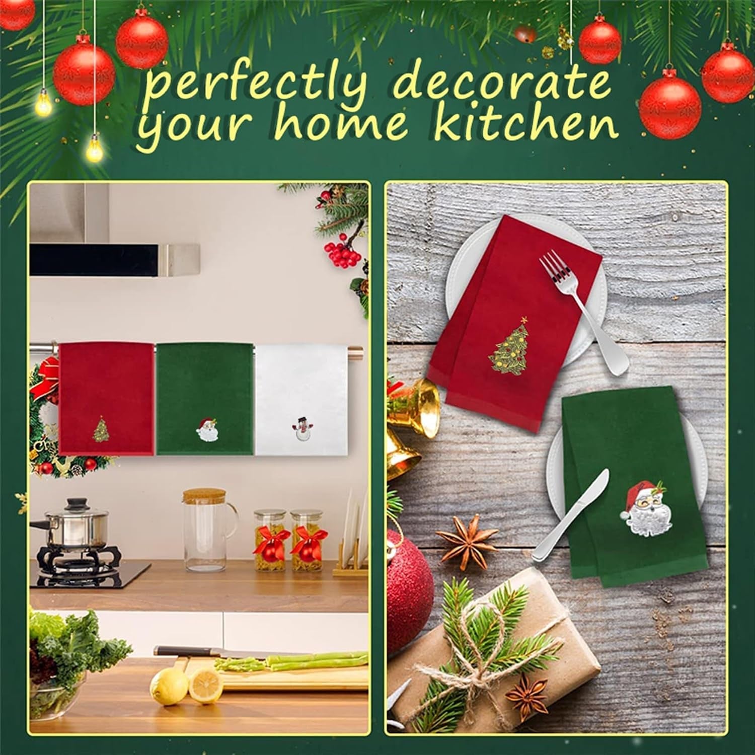 Set of 3 Hand Towels for Kitchen and Bathroom 12X18In Cotton Embroidered Dish Towels Christmas Theme Decorative Towels Gift (Red White Green, One Size)