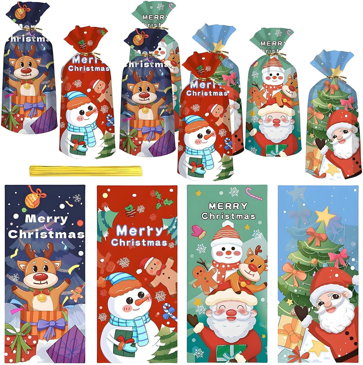 50Pcs Christmas Cellophane Candy Bags,Santa Snowman Elk Xmas Sweets Bag Loot Cookie Snack Treat Bag with Twist Tie,Wonder Wrap Gift Bag for Christmas Party Favor Supplies