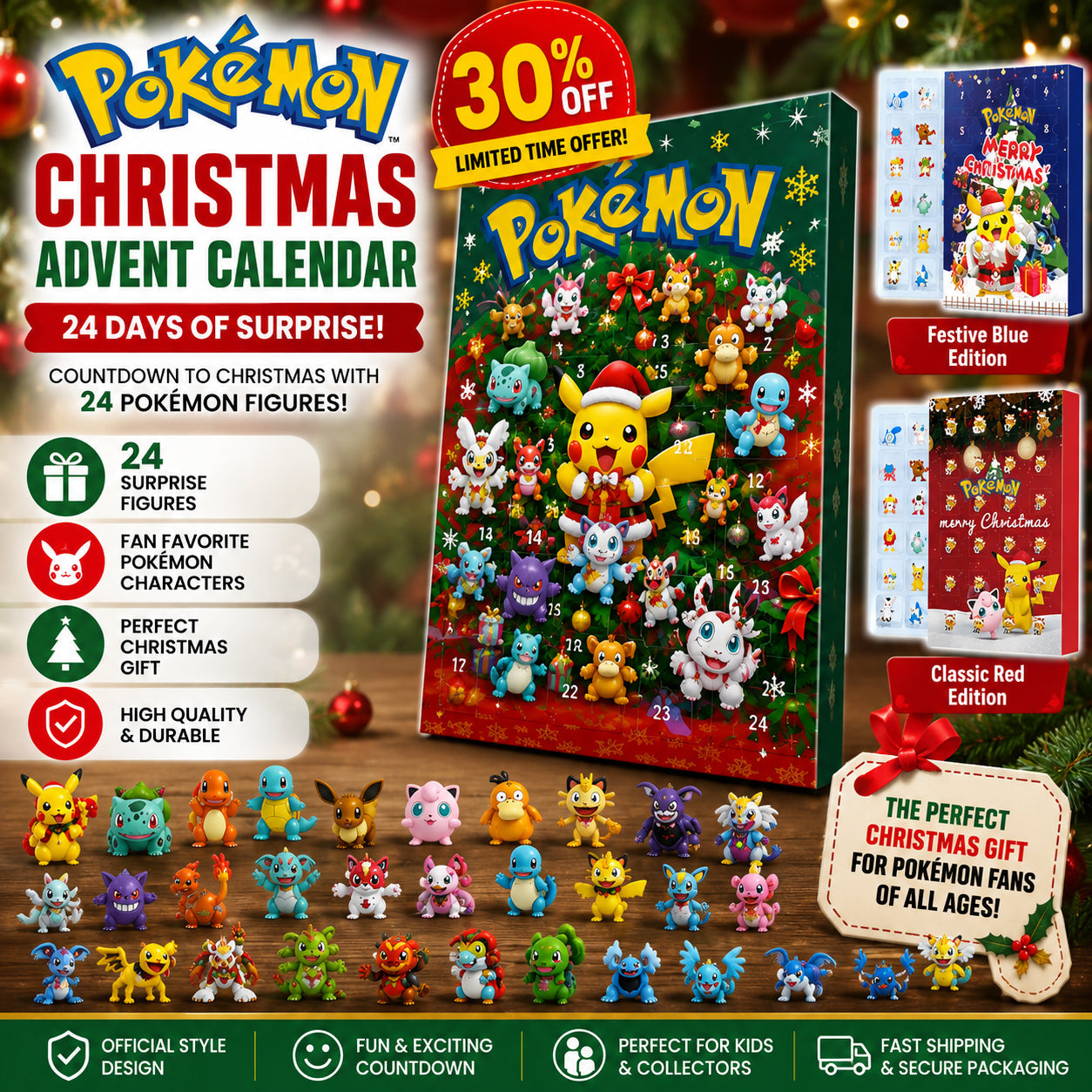 2026 Pokemon Advent Calendar Mini Figures Gift Box Pikachu Bulbasaur Christmas T