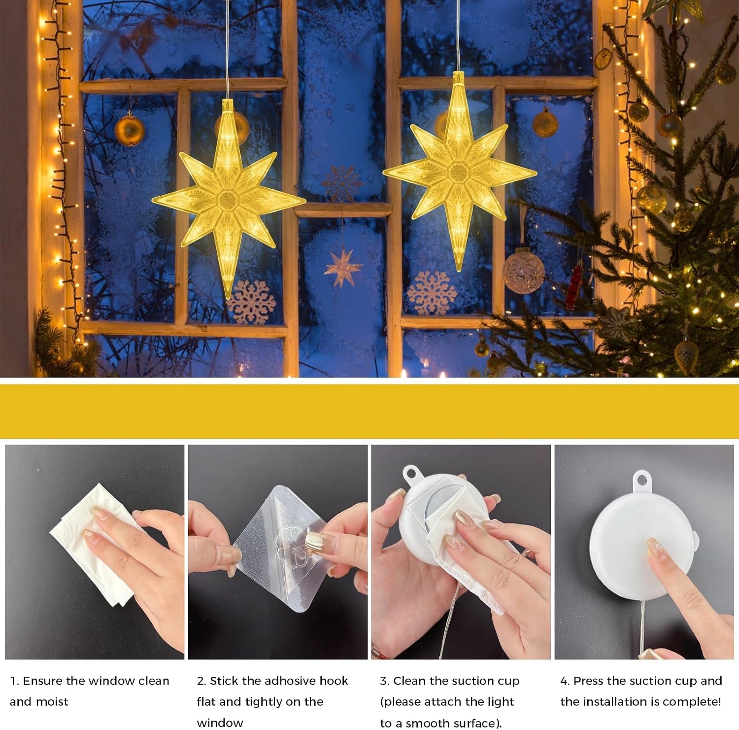 2 Pack LED Star Christmas Lights, Window Star Lights with Timer & Suction Cups, Indoor Outdoor Star Window Lights for Christmas Decorations, Weddings & Home Décor