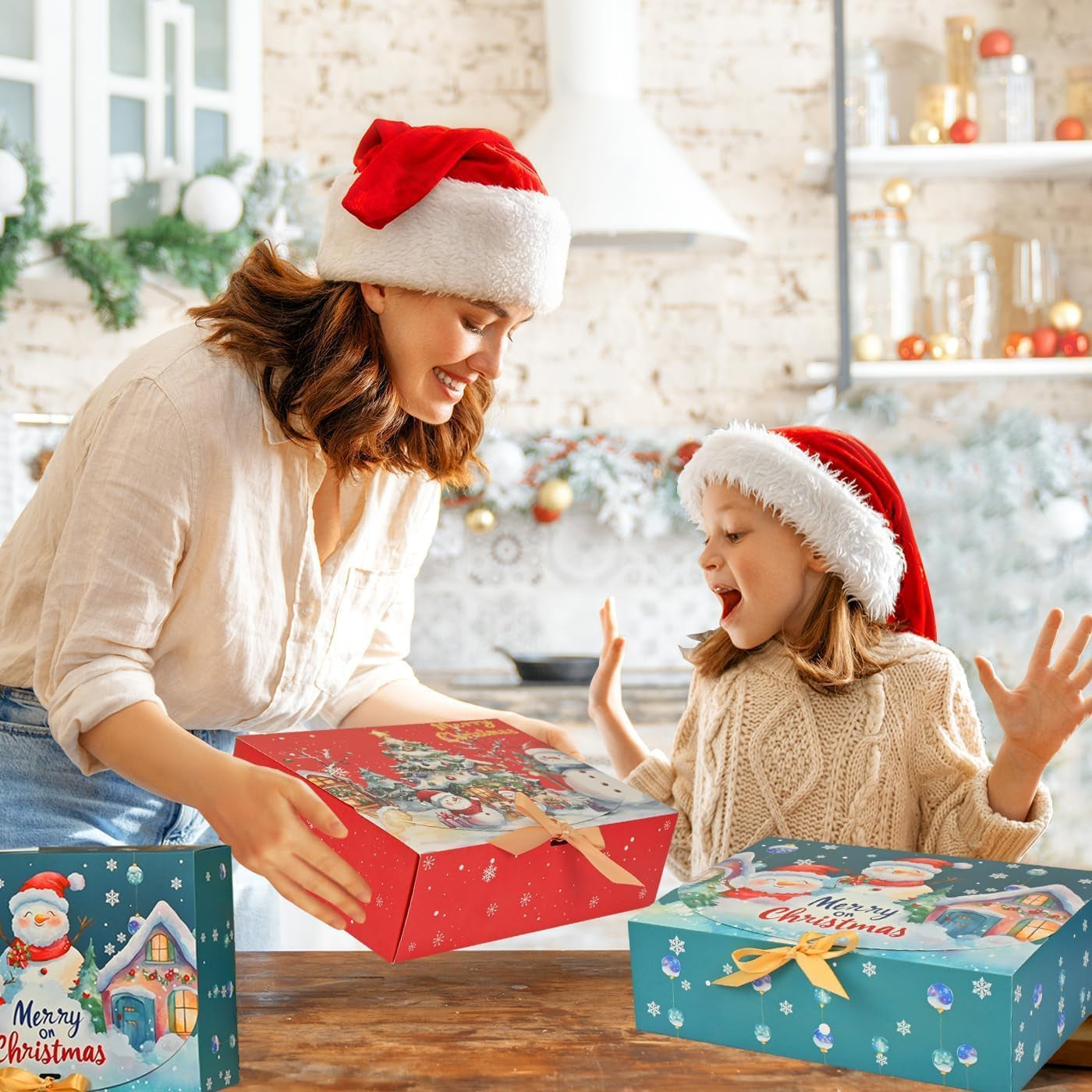 12Pcs Christmas Boxes Gift Boxes with Lids, 27CM X 20CM X 8CM Christmas Kraft Paper Gift Box Snowman Santa Claus Penguin Elk Box with Gold Ribbon for Christma Party Present Packaging