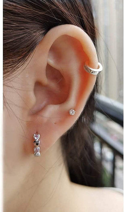 Double Love Heart Cubic Zirconia Sleeper Small Hoop Earrings for Women Teen Girls Sterling Silver Cartilage Tiny Cute Huggie Hoops Hypoallergenic for Sensitive Ear Pink CZ