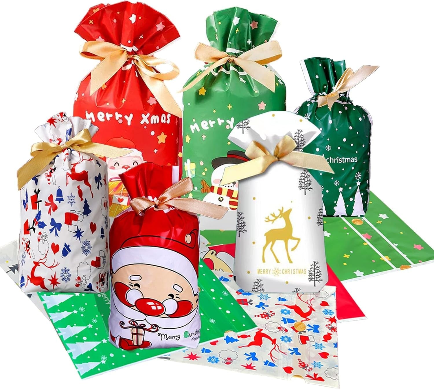 34 Pieces of Gift Bags in Various Sizes, Christmas Drawstring Bags, Christmas Party Gift with Ropes, Suitable for Birthdays and Party