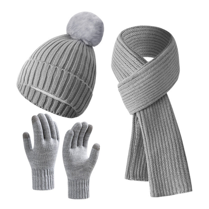 Solid Color Woven Hat Scarf And Gloves Warm Set