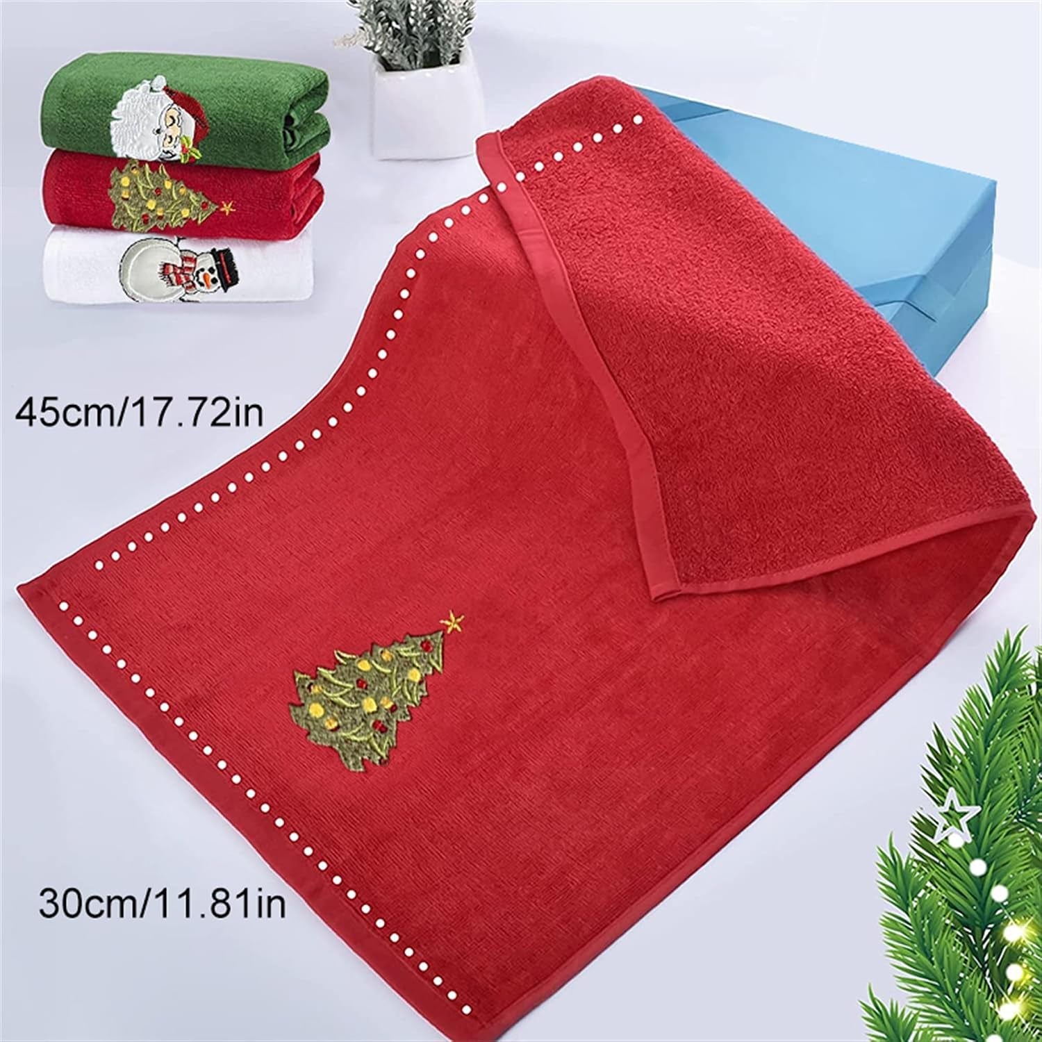 Set of 3 Hand Towels for Kitchen and Bathroom 12X18In Cotton Embroidered Dish Towels Christmas Theme Decorative Towels Gift (Red White Green, One Size)
