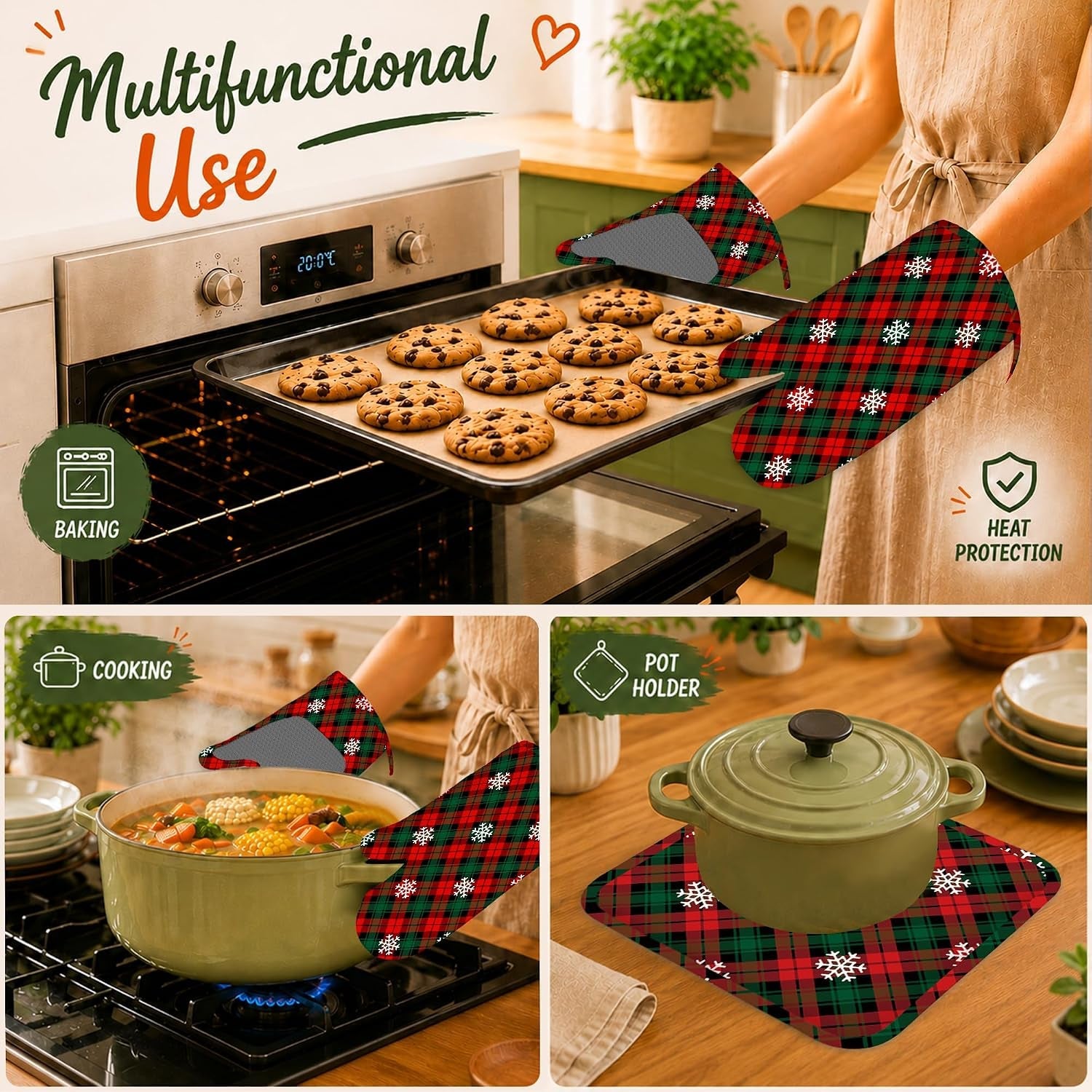 Oven Mitts and Pot Holders Red Green Plaids Silicone Kitchen Accessories Set of 4 Heat Resistant Gloves Retro Christmas Plaid Potholder Non-Slip Grip for Chef Cooking Baking Grilling BBQ