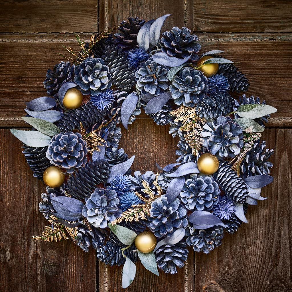 Christmas Wreath Blue Pine Cone Wreath with Gold Leaf & Bauble Decorations