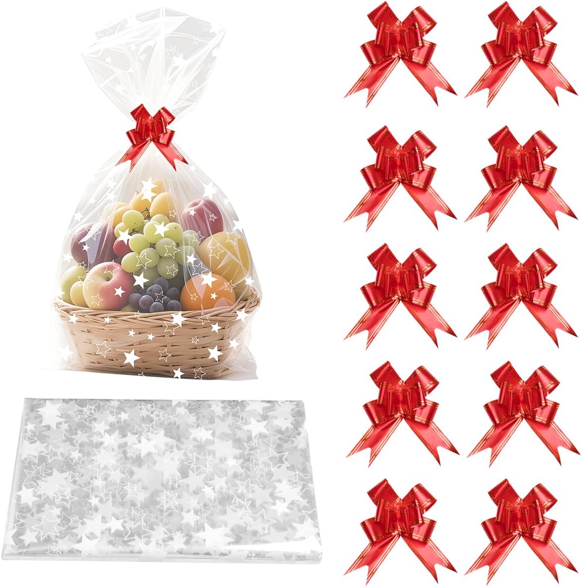 10Pcs Large Star Cellophane Gift Bags, 70 X 50Cm Cellophane Wrap Bags with Pull Bows Resealable Basket Gift Bag for Hamper Making Birthday Christmas Festival Presents or Fruit Packaging
