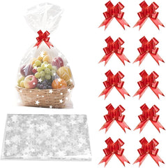 10Pcs Large Star Cellophane Gift Bags, 70 X 50Cm Cellophane Wrap Bags with Pull Bows Resealable Basket Gift Bag for Hamper Making Birthday Christmas Festival Presents or Fruit Packaging
