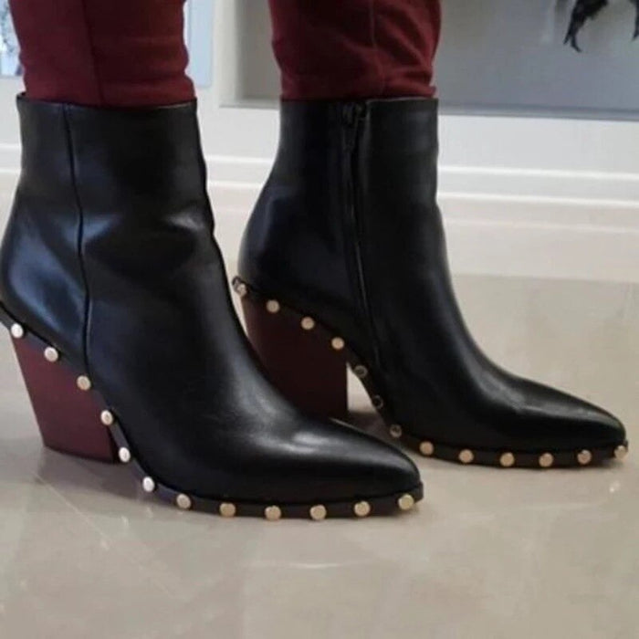 White Black Pointed Square Root Women's Ankle Boots