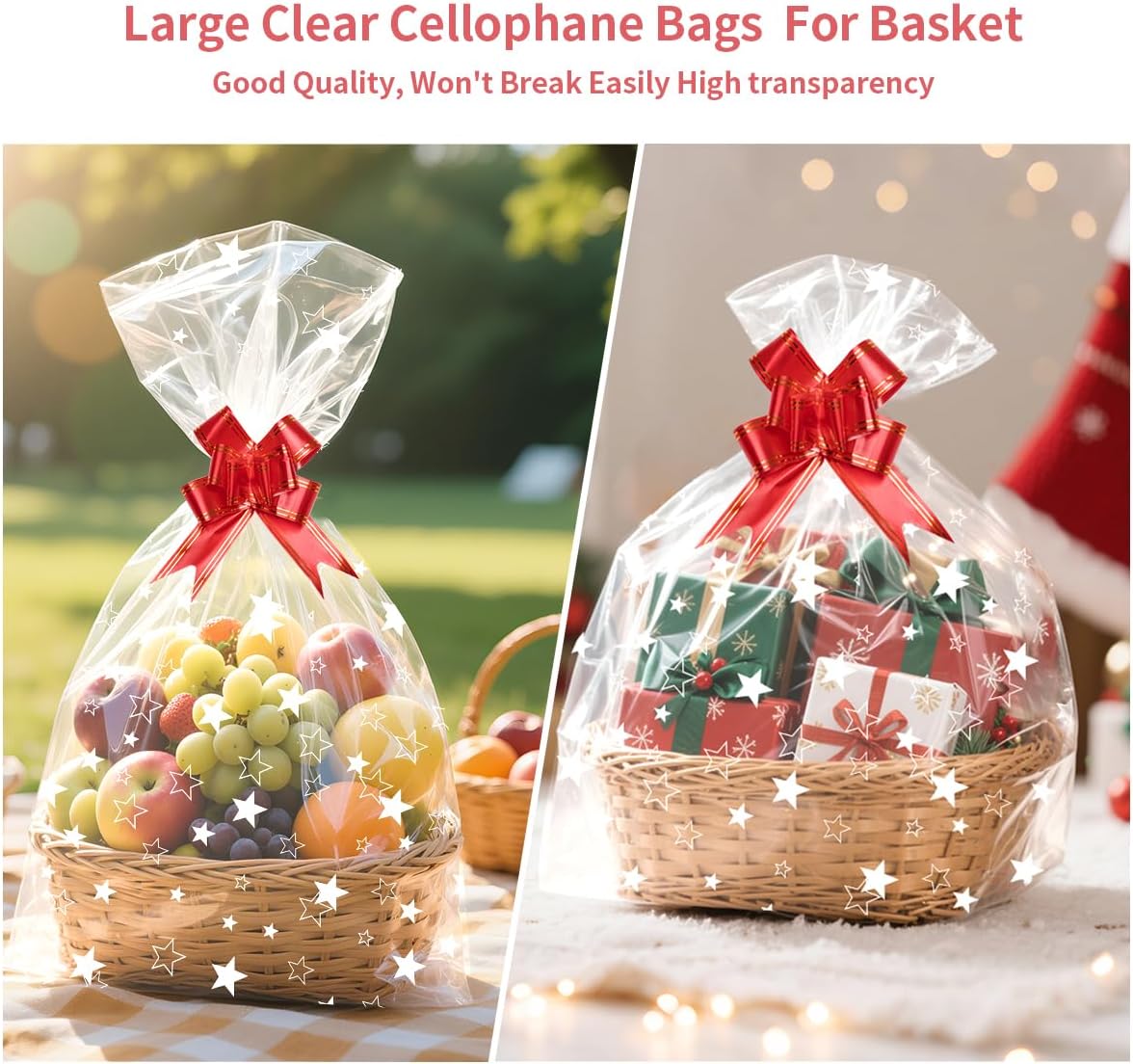 10Pcs Large Star Cellophane Gift Bags, 70 X 50Cm Cellophane Wrap Bags with Pull Bows Resealable Basket Gift Bag for Hamper Making Birthday Christmas Festival Presents or Fruit Packaging