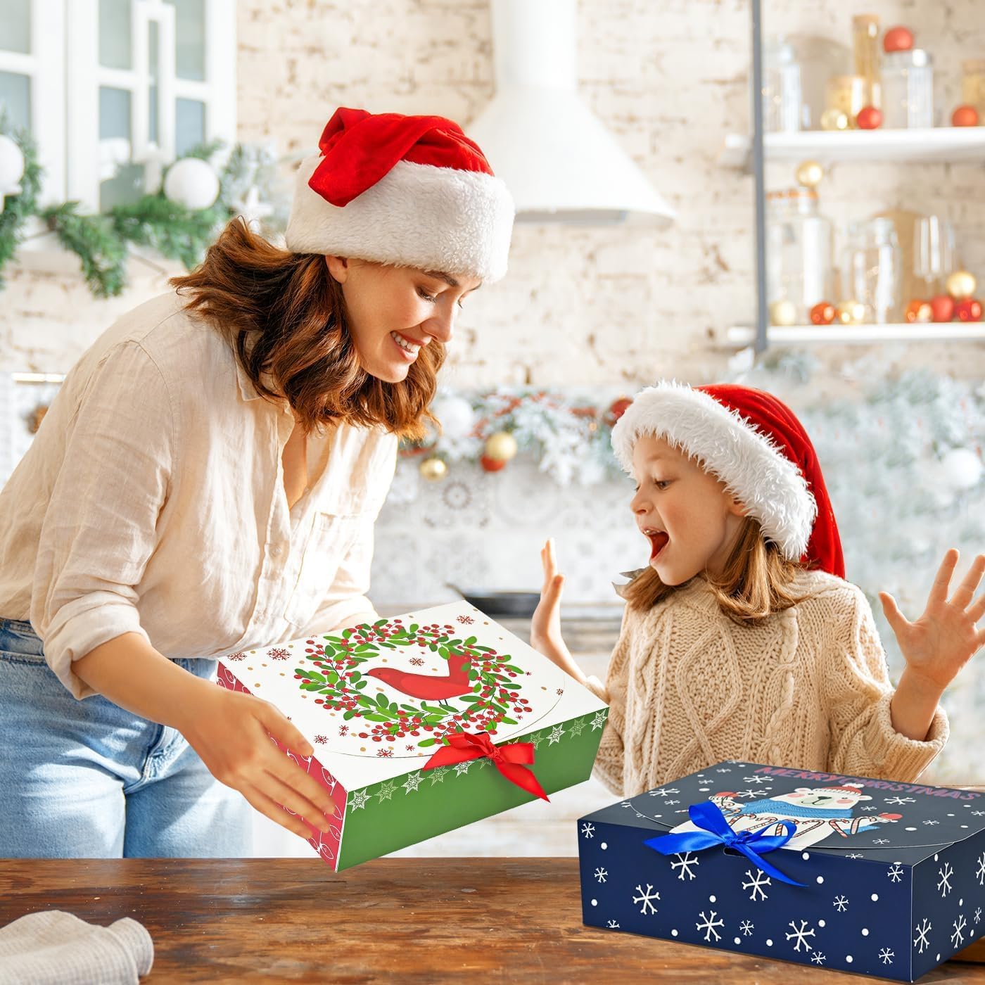12Pcs Christmas Boxes Gift Boxes with Lids, 27CM X 20CM X 8CM Christmas Kraft Paper Gift Box Christma Theme Pattern Box with Multicolor Ribbon for Christma Party Present Packaging