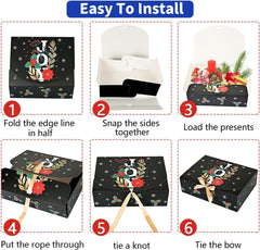 12Pcs Christmas Boxes Gift Boxes with Lids, 27CM X 20CM X 8CM Christmas Kraft Paper Gift Box Christma Theme Pattern Box with Multicolor Ribbon for Christma Party Present Packaging