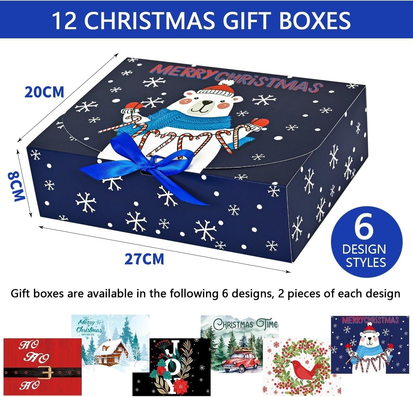12Pcs Christmas Boxes Gift Boxes with Lids, 27CM X 20CM X 8CM Christmas Kraft Paper Gift Box Christma Theme Pattern Box with Multicolor Ribbon for Christma Party Present Packaging