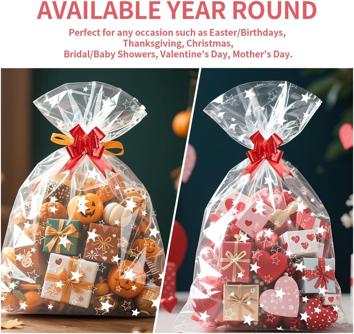 10Pcs Large Star Cellophane Gift Bags, 70 X 50Cm Cellophane Wrap Bags with Pull Bows Resealable Basket Gift Bag for Hamper Making Birthday Christmas Festival Presents or Fruit Packaging