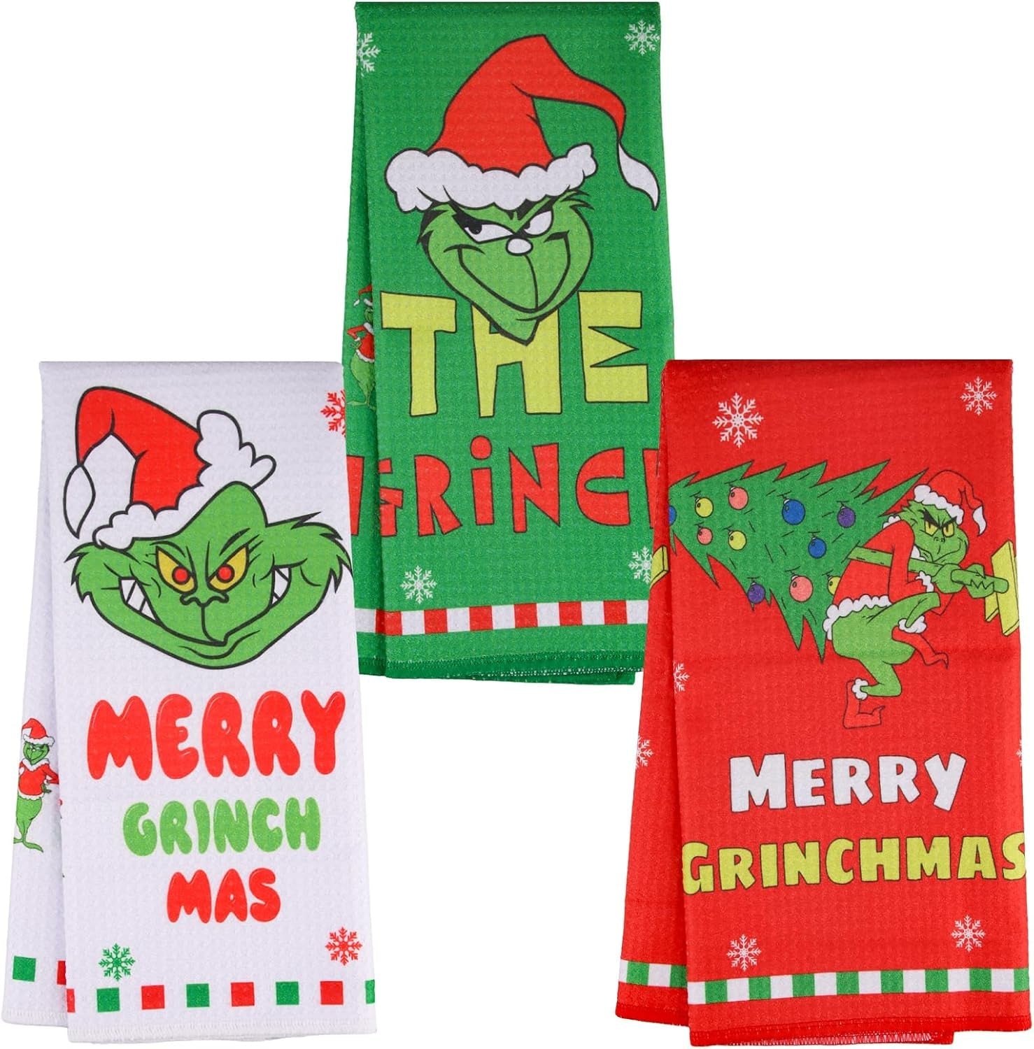Christmas Tea Towels Kitchen Pack of 3 Pack - 40X60Cm Festive Waffle Weave Dish Cloths - Funny Xmas Kitchen Towel Set for Merry Xmas New Year Party Seasonal Home Decorations