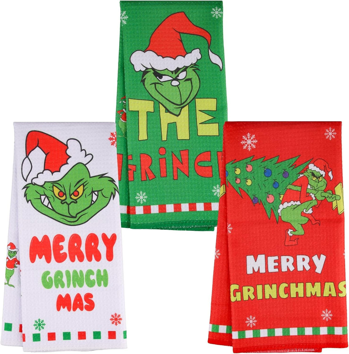 Christmas Tea Towels Kitchen Pack of 3 Pack - 40X60Cm Festive Waffle Weave Dish Cloths - Funny Xmas Kitchen Towel Set for Merry Xmas New Year Party Seasonal Home Decorations