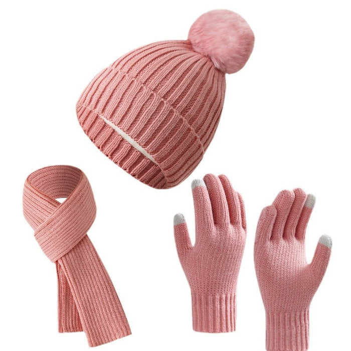 Solid Color Woven Hat Scarf And Gloves Warm Set