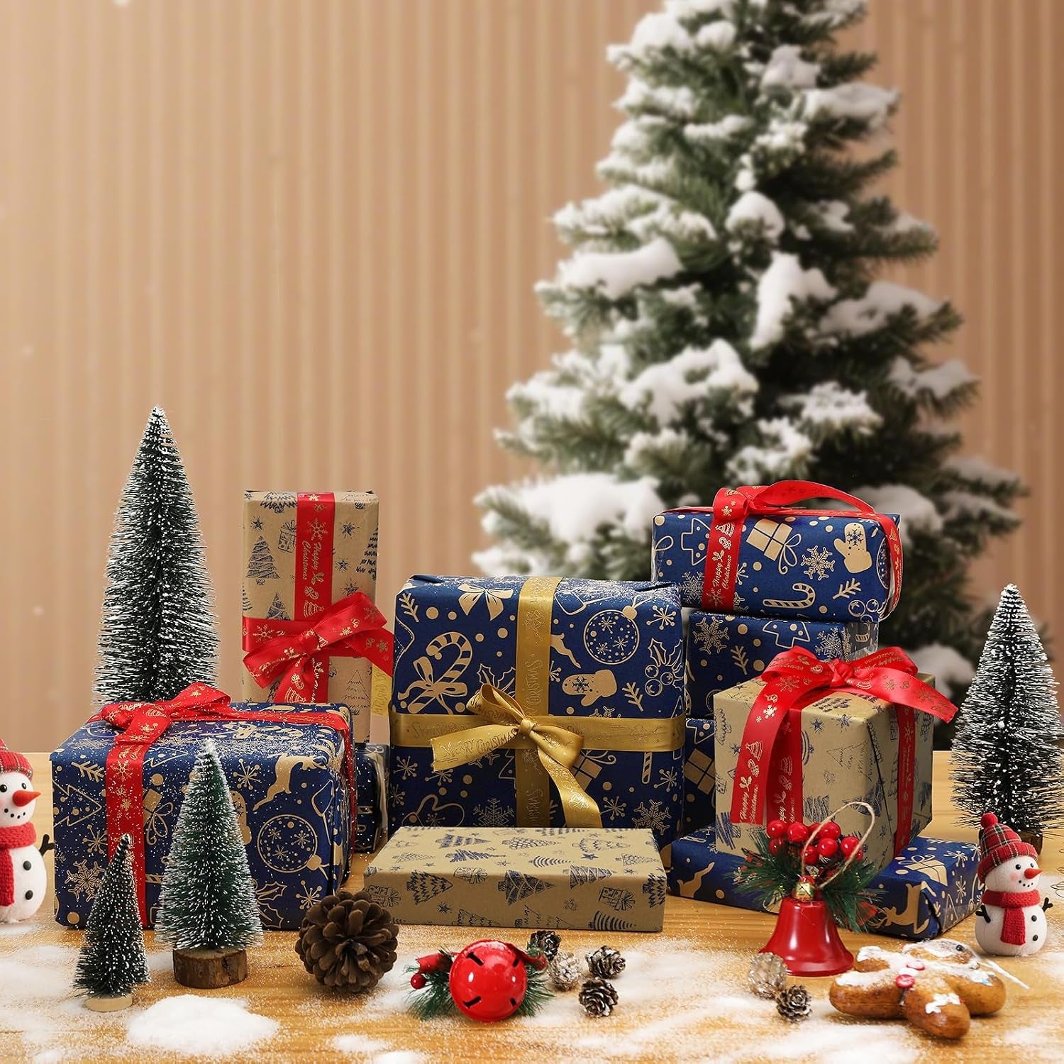 Christmas Wrapping Paper Roll Xmas Gift Wrap, Luxury Wrapping Papers 43Cm*10M Double-Sides Kraft Present Wrap Ornament for Secret Santa Claus Party New Year Festive Holiday