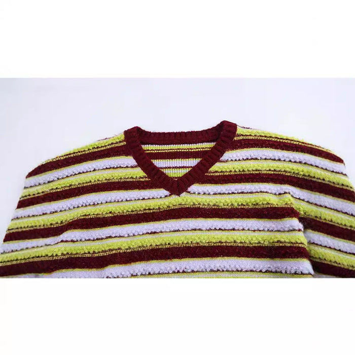 Retro loose lazy contrasting striped looped sweater