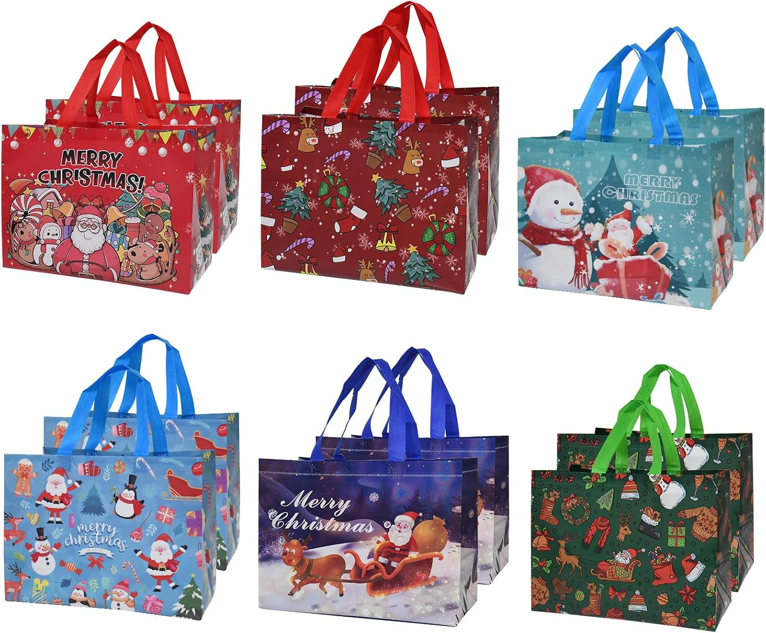 Christmas Tote Bags, Reusable Grocery Tote Bags with Handle, Gift Present Bags for Holiday Xmas Event Party（12 Pack）