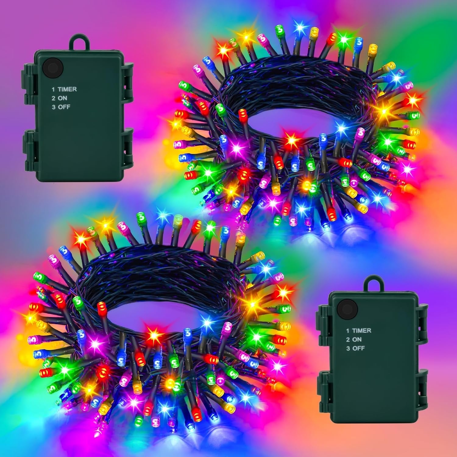 Fairy Lights Battery Operated 5M 50Leds 2Pack, Multicoloured Battery Fairy Lights with Timer, Waterproof for Garden Christmas Bedroom Indoor Outdoor Xmas Tree Decorations