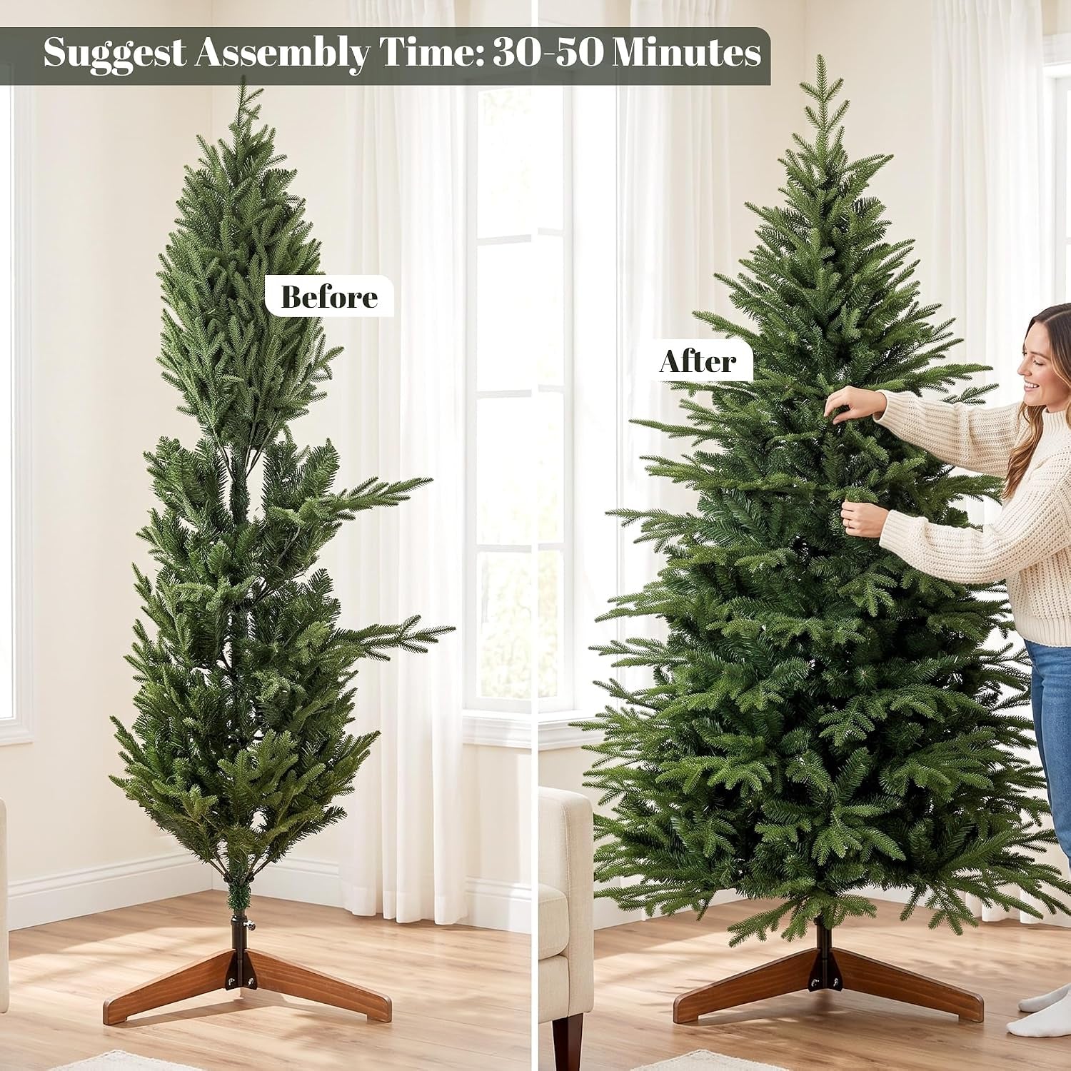 7Ft Artificial Christmas Tree Solid Pine Wood Stand, Green