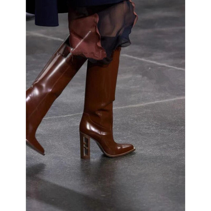 Pointed Toe Knee Boots Brand New Hollow Wooden High Heel
