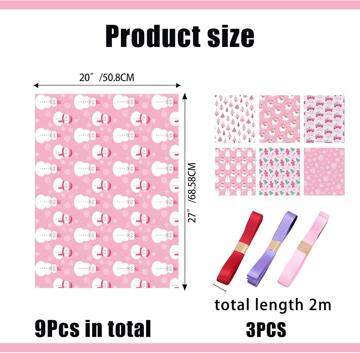 6Pcs Different Patterns Xmas Wrapping Paper + 3 Colored Ribbons Set, Cute Wrapping Paper Xmas Gift Wrap Supplies, Perfect for Holiday Presents, DIY Gift & Festive Packaging ﻿