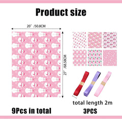 6Pcs Different Patterns Xmas Wrapping Paper + 3 Colored Ribbons Set, Cute Wrapping Paper Xmas Gift Wrap Supplies, Perfect for Holiday Presents, DIY Gift & Festive Packaging ﻿