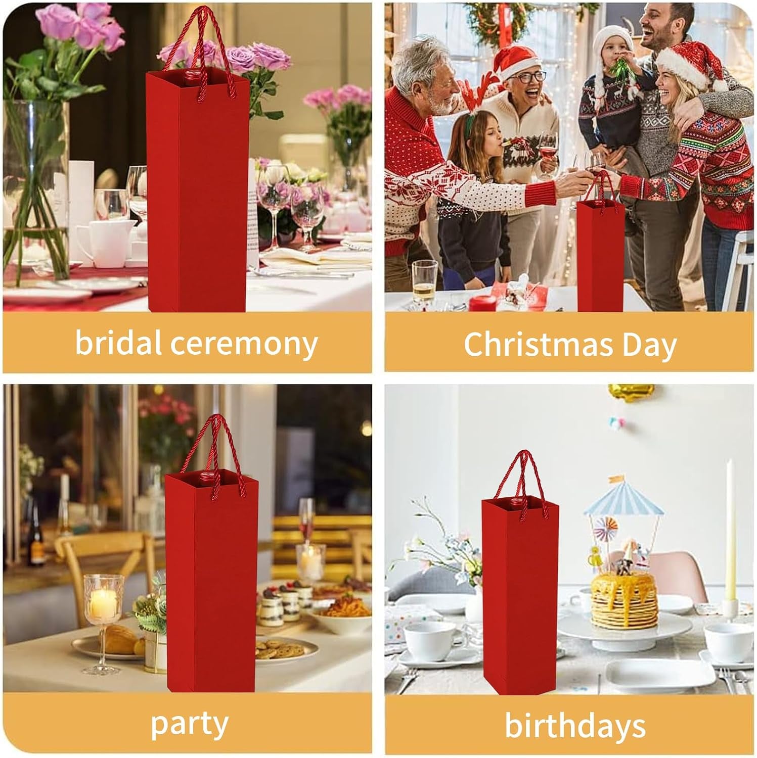 Kraft Paper Wine Gift Bags, Premium Wine Gift Bags with Handles, Kraft Paper Wine Storage Bag for Christmas, Wedding, Party (Red)