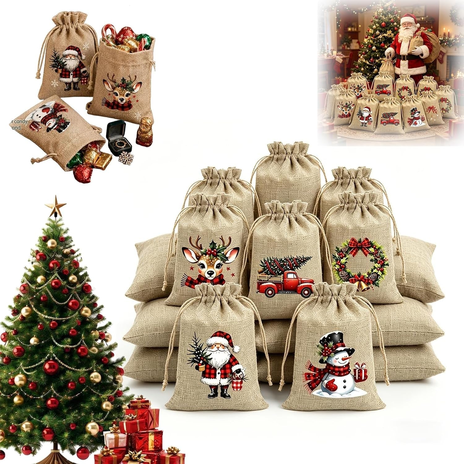 Christmas Drawstring Gift Bags-Santa & Reindeer Polyester Pouches，5Pc