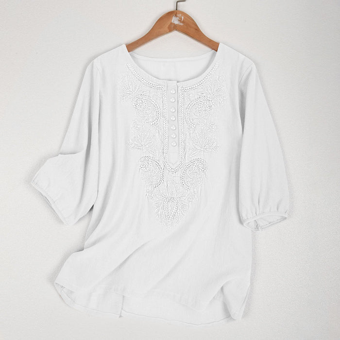 Artistic Retro Loose Design Embroidered Crew Neck Thin Cotton And Linen Women's Top