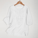 Artistic Retro Loose Design Embroidered Crew Neck Thin Cotton And Linen Women's Top
