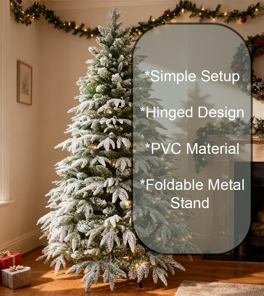7Ft/2.1M Pre-Lit Artificial Christmas Tree Lapland Fir - 320 LED Warm White Lights, Snow Flocked 1205 PE/PVC Tips, Snowy Bushy Hinged Branches, Metal Stand for Xmas Home Decorations