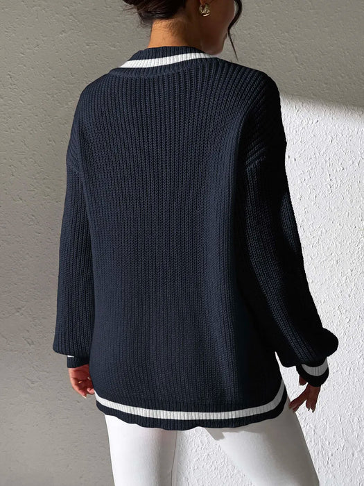 Women's Top Color Contrast Splicing V-neck Long Sleeve Sweater