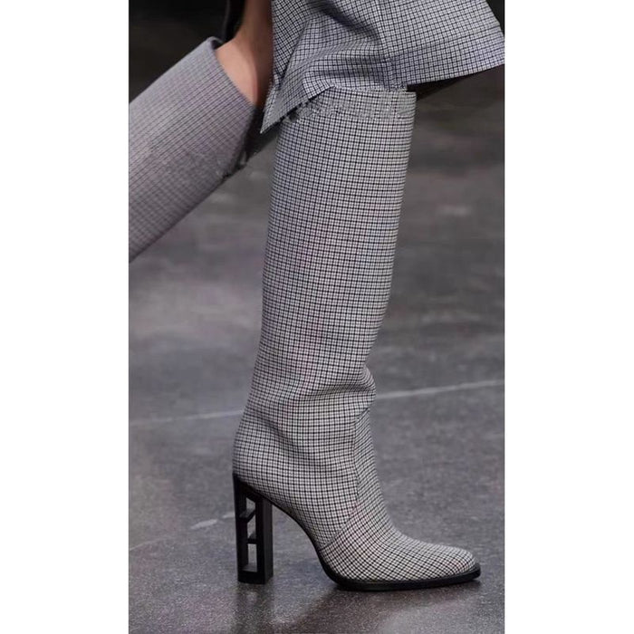 Pointed Toe Knee Boots Brand New Hollow Wooden High Heel
