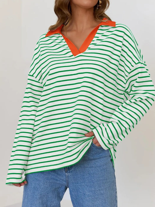Mandy Striped  Collar Long Sleeve Sweatshirt