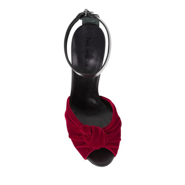 Womens Red Black Velvet Knotted High Heels Sandals