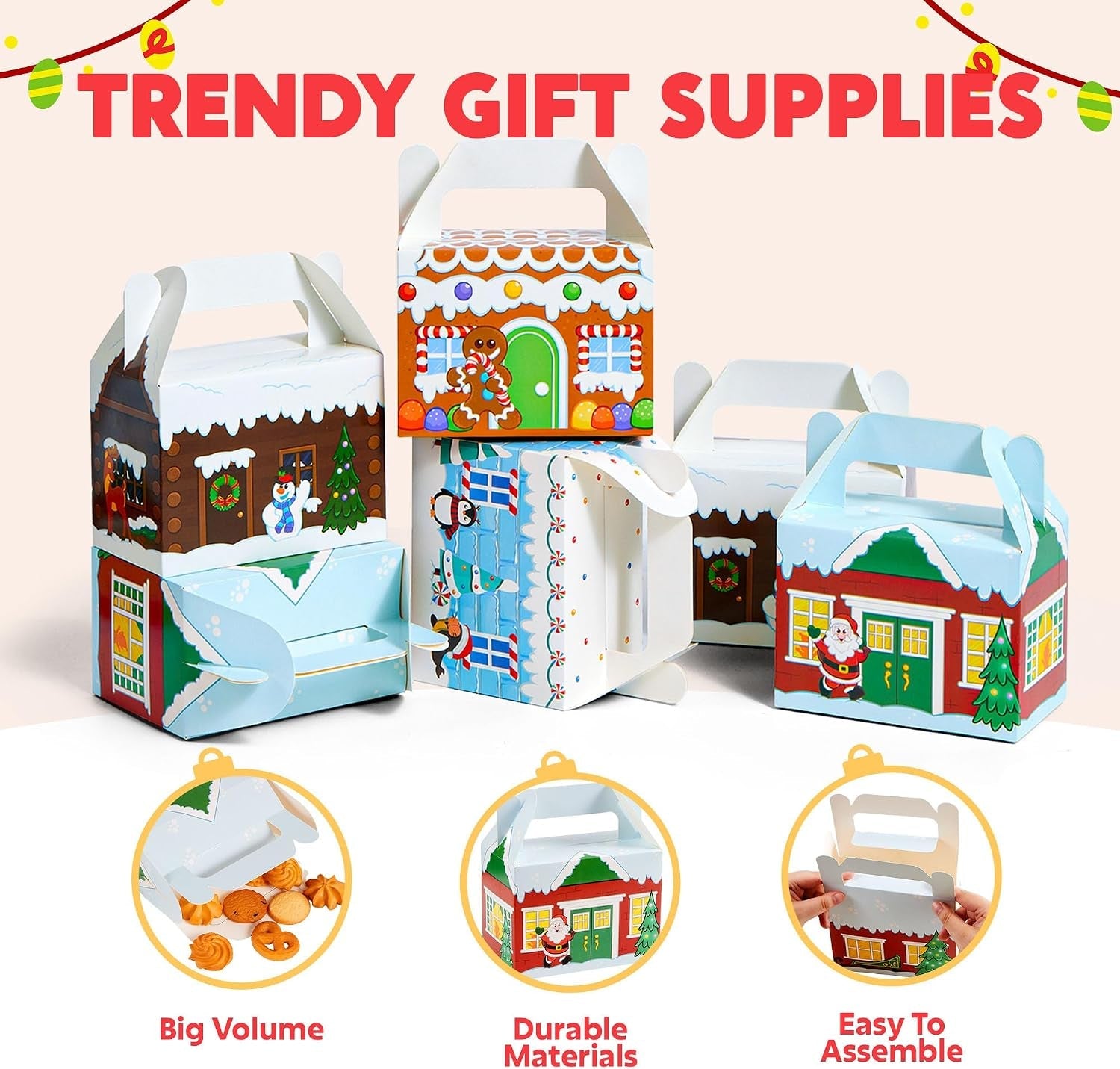 24 PCS 3D Christmas House Cardboard Treat Boxes for Holiday Xmas Goody Gift, Goodie Paper Boxes, School Classroom Party Favor Supplies, Candy Treat Cardboard Cookie Boxes