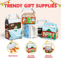 24 PCS 3D Christmas House Cardboard Treat Boxes for Holiday Xmas Goody Gift, Goodie Paper Boxes, School Classroom Party Favor Supplies, Candy Treat Cardboard Cookie Boxes