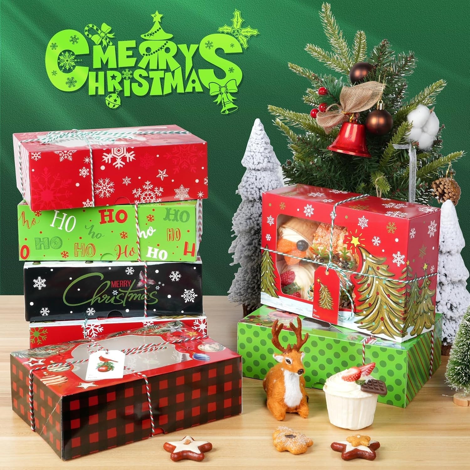 12Pcs Christmas Cookie Box 22X15X7 CM, 6 Designs Xmas Treat Gift Box with Clear Window Ribbon Tag, Christmas Cupcake Cookies Pastries Brownies Donuts Box Holiday Party Supply Gift Giving