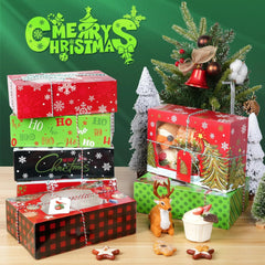 12Pcs Christmas Cookie Box 22X15X7 CM, 6 Designs Xmas Treat Gift Box with Clear Window Ribbon Tag, Christmas Cupcake Cookies Pastries Brownies Donuts Box Holiday Party Supply Gift Giving