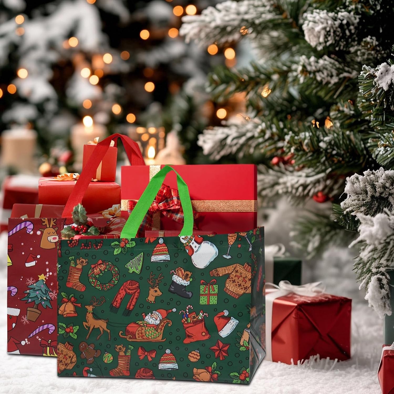 Christmas Tote Bags, Reusable Grocery Tote Bags with Handle, Gift Present Bags for Holiday Xmas Event Party（12 Pack）